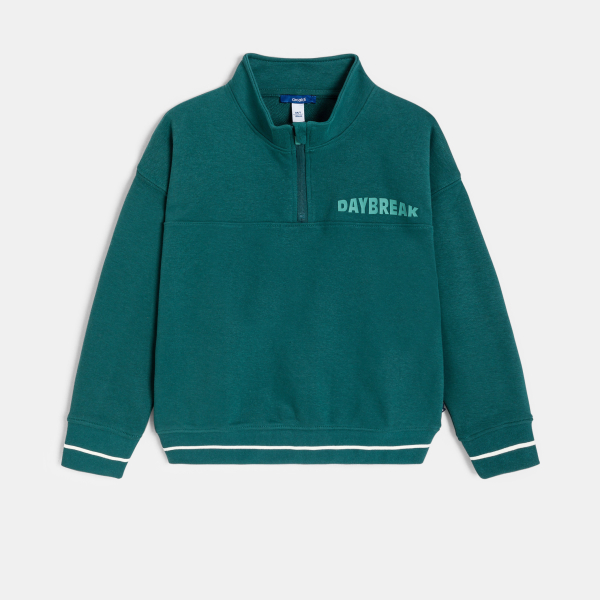 سويت شيرت بياقة عالية وعليه رسالة، أخضر اللون، للأولاد